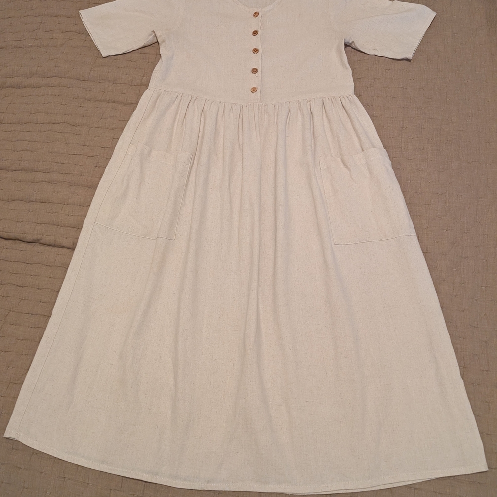 Beige Button-Front Midi Dress